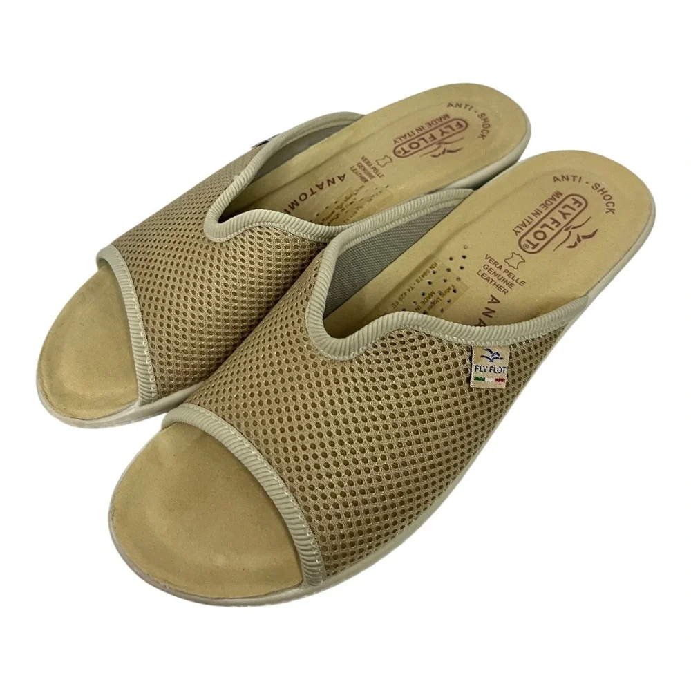 FlyFlot women Tan Mesh Slide Sandal Made In Italy Anti-Shock Comfort Size 38 7.5